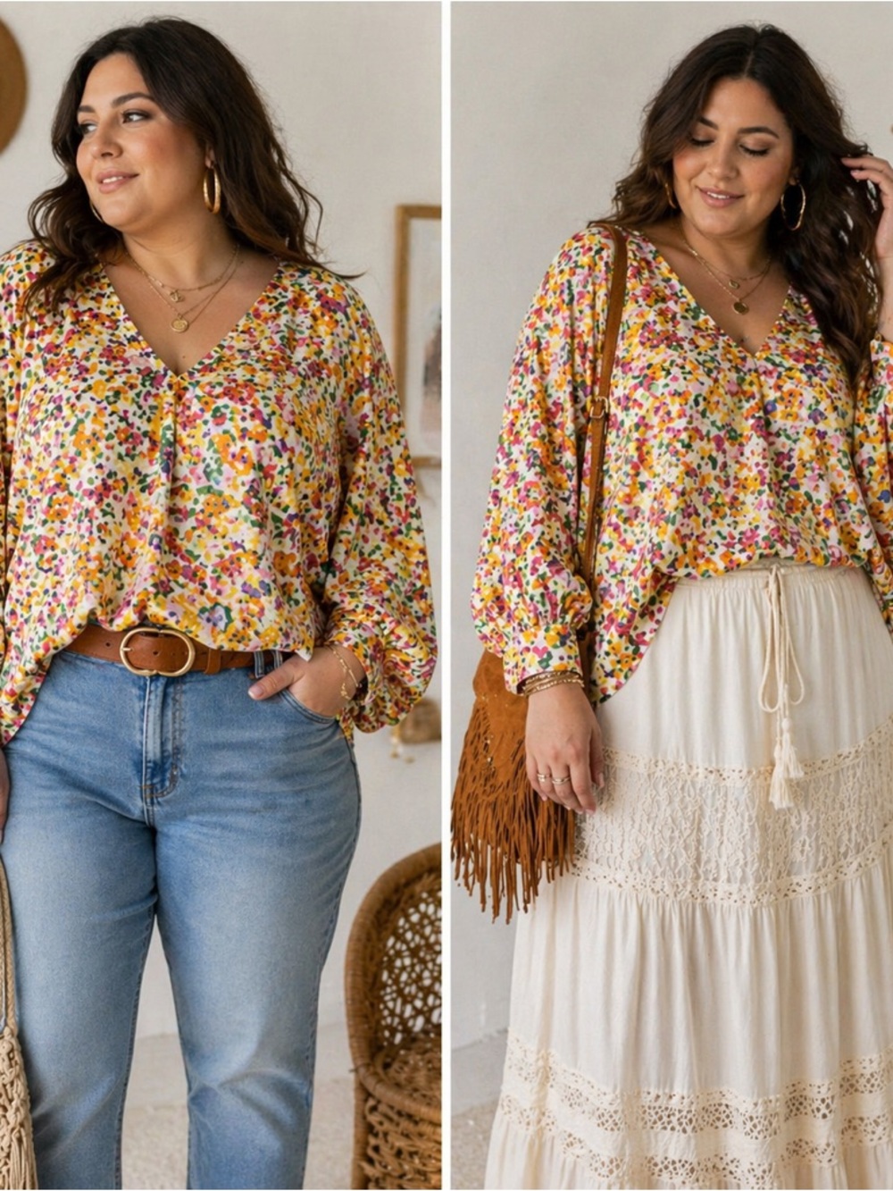 ODDY Floral V-Neck Tunic Top in Yellow with Pink and Green Accents